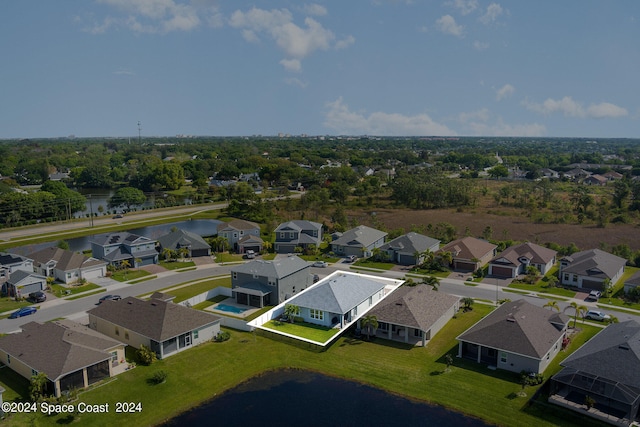 aerial view featuring a water view