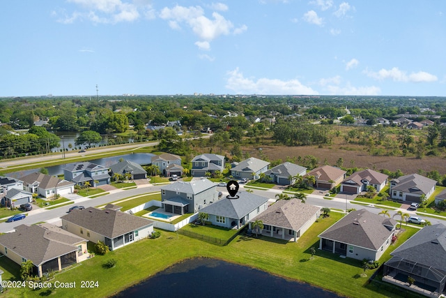 aerial view featuring a water view