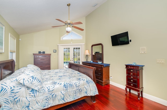 bedroom with access to outside, ceiling fan, french doors, dark wood-type flooring, and high vaulted ceiling