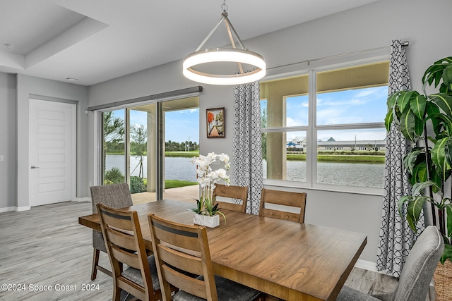 dining space with light hardwood / wood-style floors, a water view, and a healthy amount of sunlight