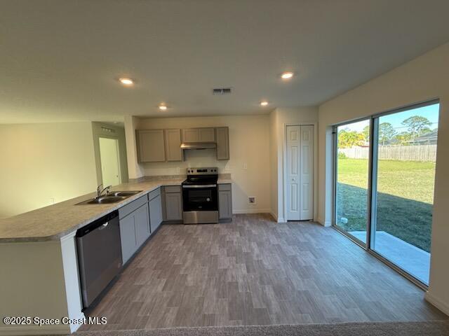 kitchen featuring sink, gray cabinets, appliances with stainless steel finishes, wood-type flooring, and kitchen peninsula