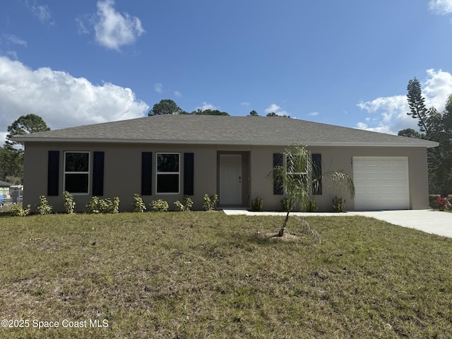 ranch-style home with a garage and a front lawn