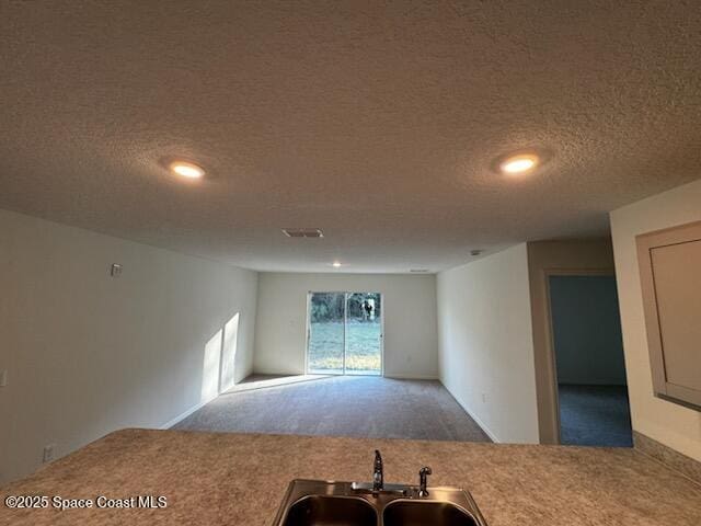 unfurnished room with a textured ceiling, carpet floors, and sink