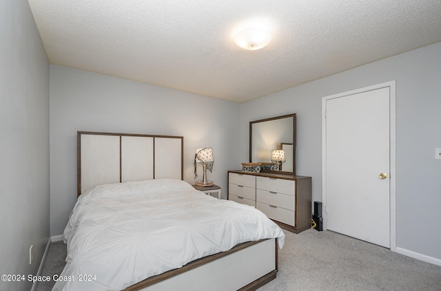 bedroom with a textured ceiling, light carpet, and a closet