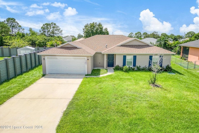 ranch-style home featuring a garage and a front lawn