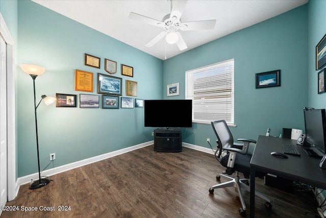 office featuring dark hardwood / wood-style floors and ceiling fan