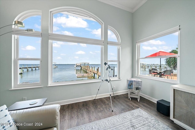 sitting room with a wealth of natural light, crown molding, a water view, and dark hardwood / wood-style floors