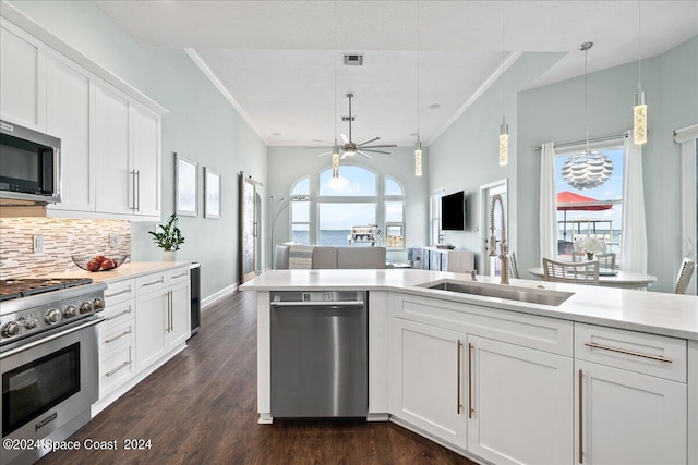 kitchen featuring appliances with stainless steel finishes, sink, pendant lighting, white cabinets, and dark hardwood / wood-style floors