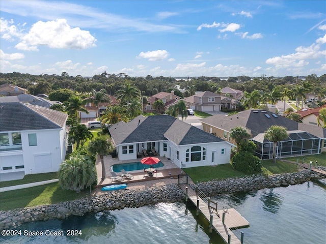 aerial view featuring a water view