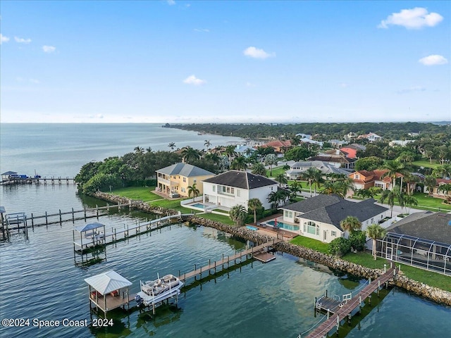 drone / aerial view featuring a water view