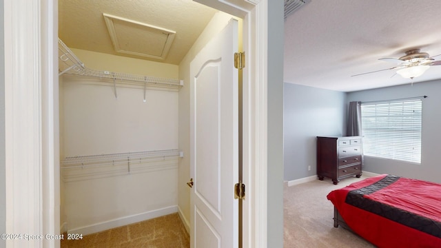 spacious closet with ceiling fan and carpet