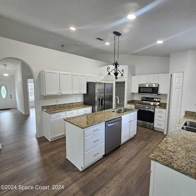 kitchen featuring stainless steel appliances, vaulted ceiling, hanging light fixtures, and white cabinets