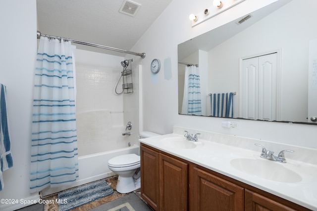 full bathroom featuring vanity, lofted ceiling, toilet, a textured ceiling, and shower / tub combo with curtain