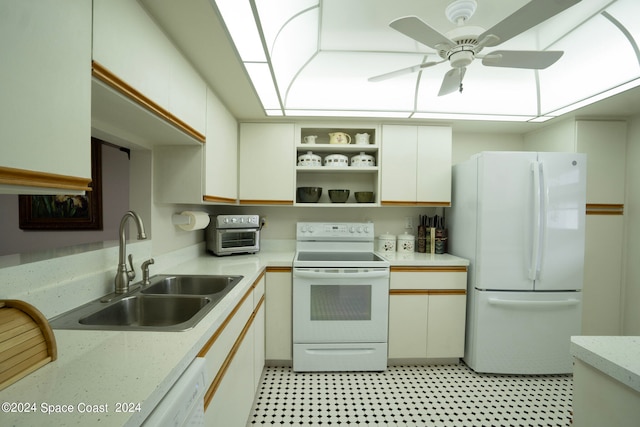 kitchen with ceiling fan, sink, and white appliances