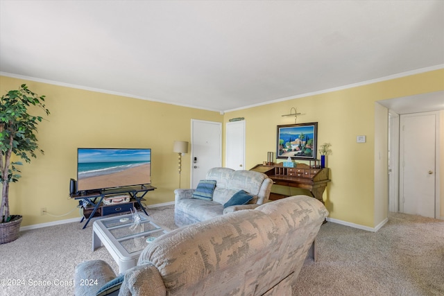 carpeted living room featuring ornamental molding