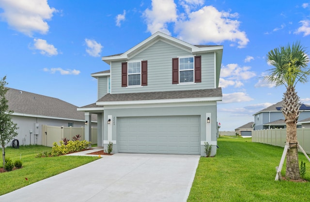 front facade featuring a garage and a front lawn