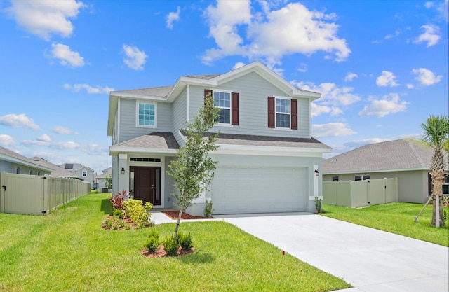 front facade featuring a front yard and a garage