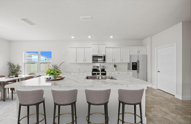 kitchen with white cabinets, a breakfast bar area, appliances with stainless steel finishes, and a large island with sink