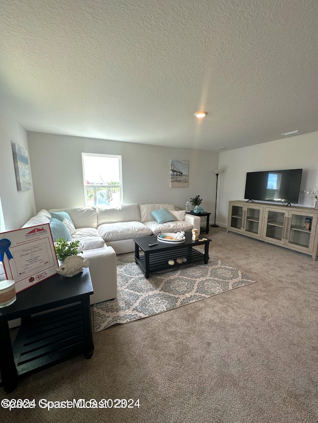 carpeted living room with a textured ceiling