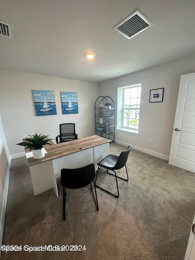 carpeted office featuring a textured ceiling