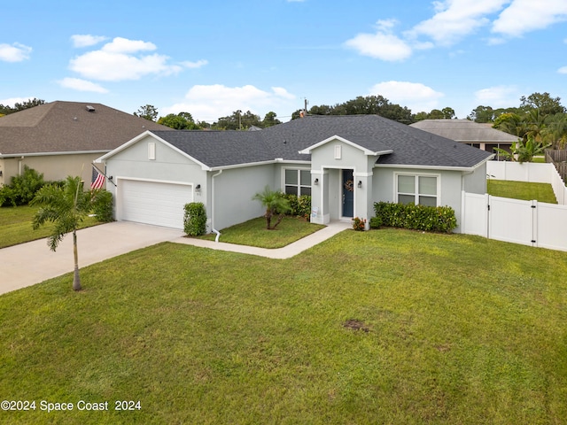 single story home featuring a front yard and a garage