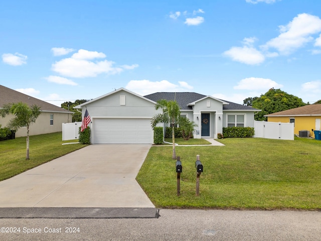 ranch-style home with a front lawn and a garage