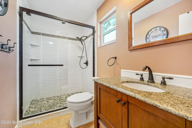 bathroom with tile patterned floors, vanity, toilet, and walk in shower