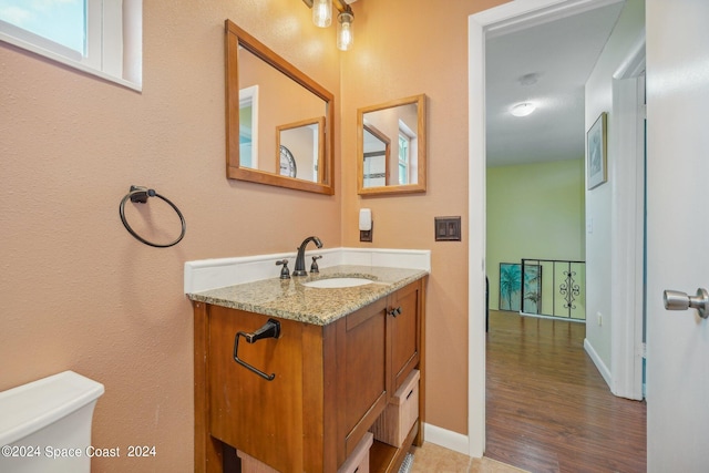 bathroom featuring hardwood / wood-style floors, vanity, and toilet