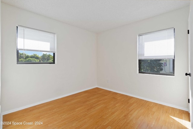 empty room with light wood-type flooring and a textured ceiling