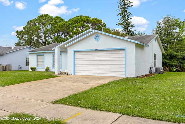 ranch-style house featuring central AC unit, a front lawn, and a garage