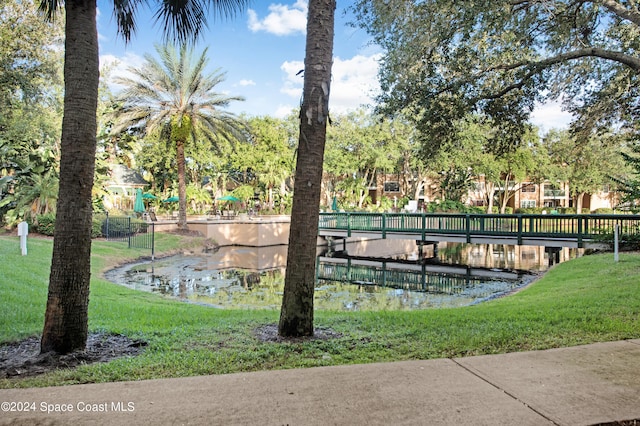 view of property's community with a water view and a lawn