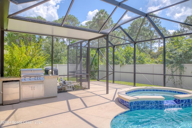 view of pool featuring an in ground hot tub, grilling area, a patio area, pool water feature, and a lanai