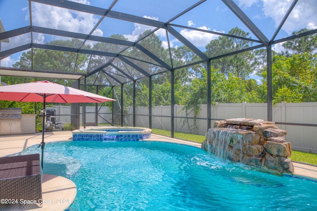 view of swimming pool with pool water feature, glass enclosure, an in ground hot tub, and a grill