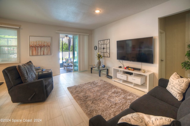 living room featuring a textured ceiling