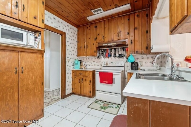 kitchen featuring sink, wood ceiling, electric range, and light tile patterned floors