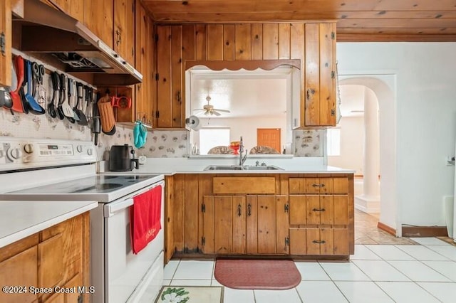 kitchen featuring sink, wood ceiling, backsplash, white range with electric cooktop, and light tile patterned floors