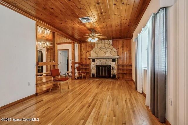 unfurnished room with wood walls, wooden ceiling, a fireplace, and hardwood / wood-style floors