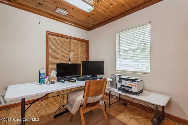 home office with wood ceiling, wood-type flooring, and ornamental molding