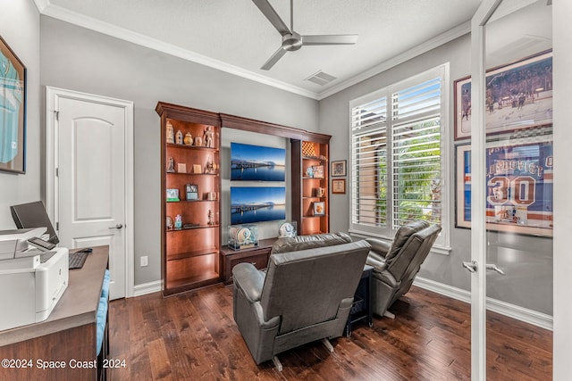 home office featuring ceiling fan, french doors, dark hardwood / wood-style floors, crown molding, and a textured ceiling