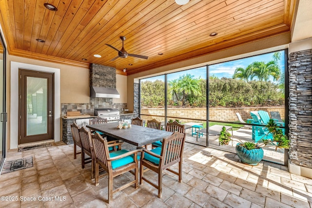 sunroom featuring ceiling fan and wood ceiling