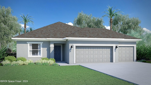 view of front facade featuring a garage, a front lawn, roof with shingles, stucco siding, and concrete driveway