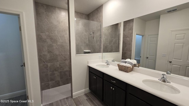 4346 Kelsey Ln, Sebastian, FL 32976 - bathroom featuring a walk in shower, double vanity, and wood tiled floors