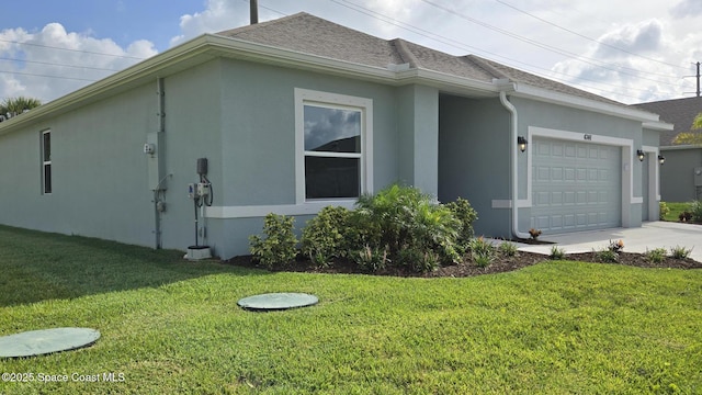 4346 Kelsey Ln, Sebastian, FL 32976 - view of home's exterior with stucco siding, a garage, concrete driveway, a yard, and roof with shingles