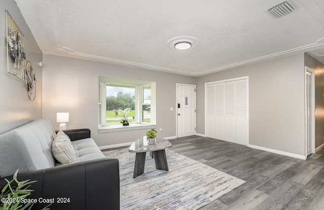 living room featuring a textured ceiling and dark wood-type flooring