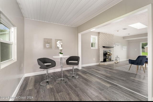 office space featuring a healthy amount of sunlight, a fireplace, and dark hardwood / wood-style floors