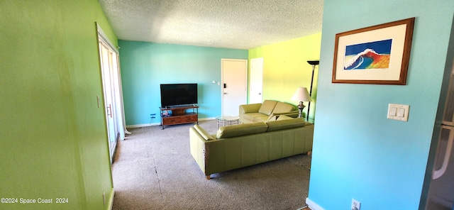 carpeted living room featuring a textured ceiling