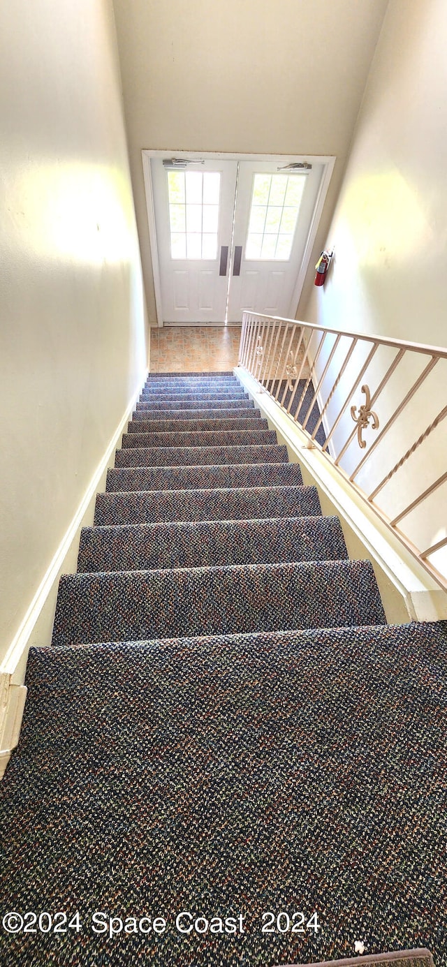 stairway featuring carpet flooring