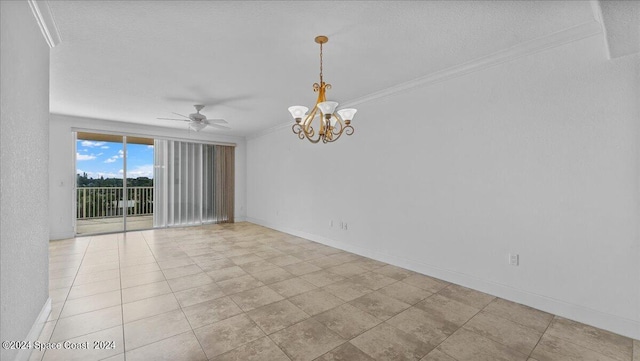 tiled empty room with ceiling fan with notable chandelier and crown molding