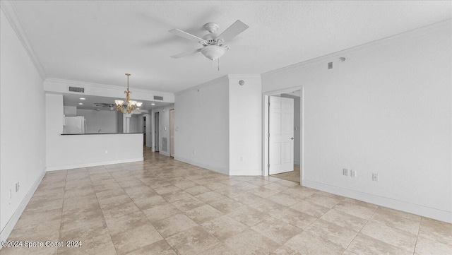 unfurnished living room with ceiling fan with notable chandelier and ornamental molding