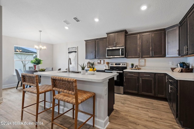 kitchen featuring pendant lighting, a notable chandelier, stainless steel appliances, and light hardwood / wood-style floors